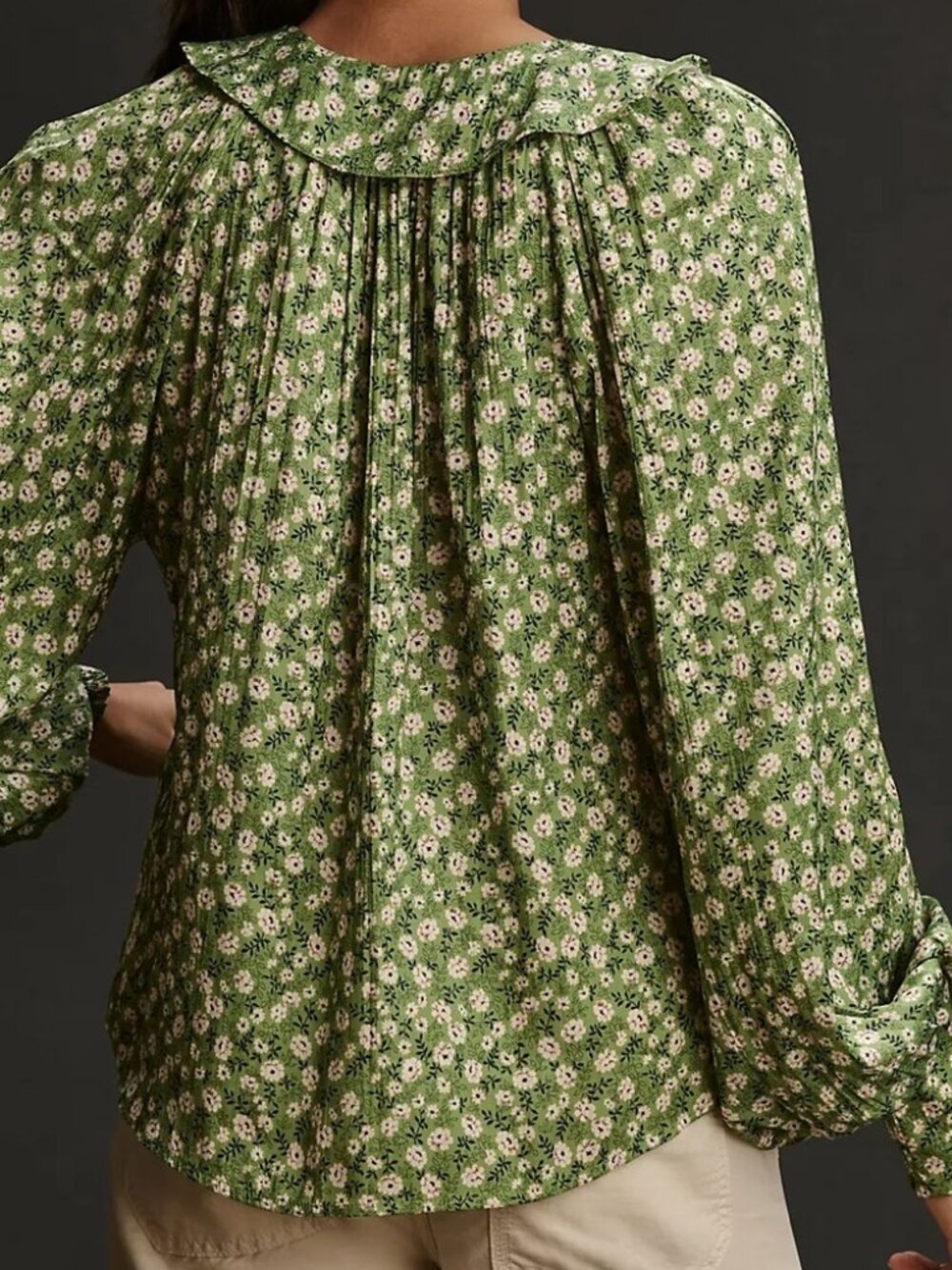 Anthropologie Button-Front Peasant Blouse Green Floral Satin NWT Size M - Picture 2 of 7
